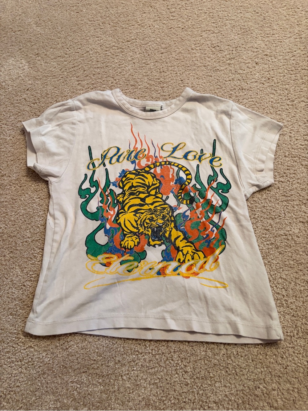 Urban Outfitters White Tee with Yellow Tiger and Green Flame Graphic